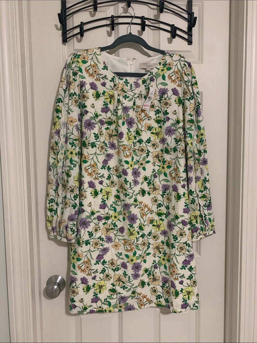 LOFT Cream Floral Dress with Green Leaves and Purple Blooms